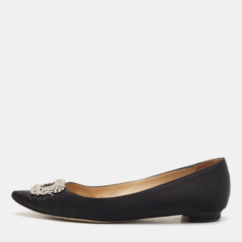 luxury-women-manolo-blahnik-used-shoes-p1155633-003 Manolo Blahnik Black Satin Hangisi Crystal Embellished Ballet Flats Size 37