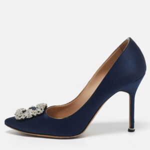 Manolo Blahnik Blue Satin Hangisi Embellished Pumps Size 39.5