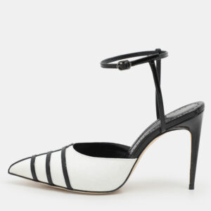 Manolo Blahnik White/Black Canvas and Patent Leather Ankle Strap Sandals Size 37