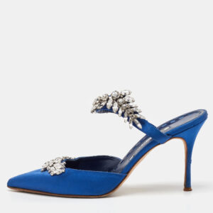 Manolo Blahnik Blue Satin Crystal Embellished Lurum Pointed Toe Mules Size 40