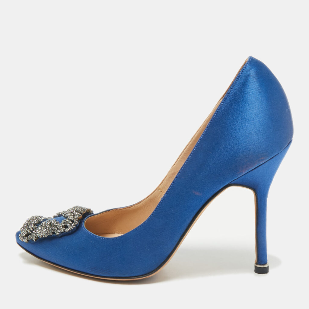 luxury-women-manolo-blahnik-used-shoes-p1169359-001 Manolo Blahnik Blue Satin Hangisi Crystal Embellished Pumps Size 36