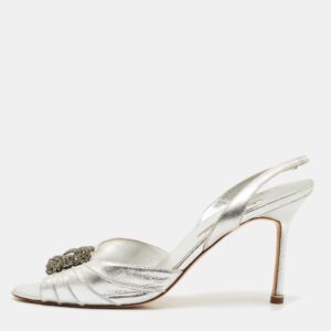 Manolo Blahnik Silver Leather Cassia Slingback Sandals Size 41