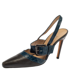 Manolo Blahnik Grey/Blue Croc Embossed And Leather Slingback Sandals Size 37