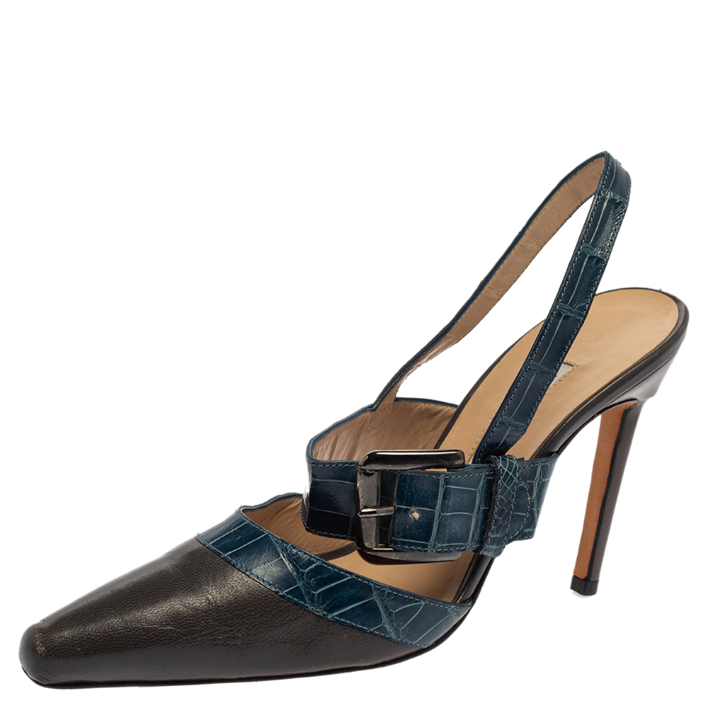 luxury-women-manolo-blahnik-used-shoes-p384175-005 Manolo Blahnik Grey/Blue Croc Embossed And Leather Slingback Sandals Size 37
