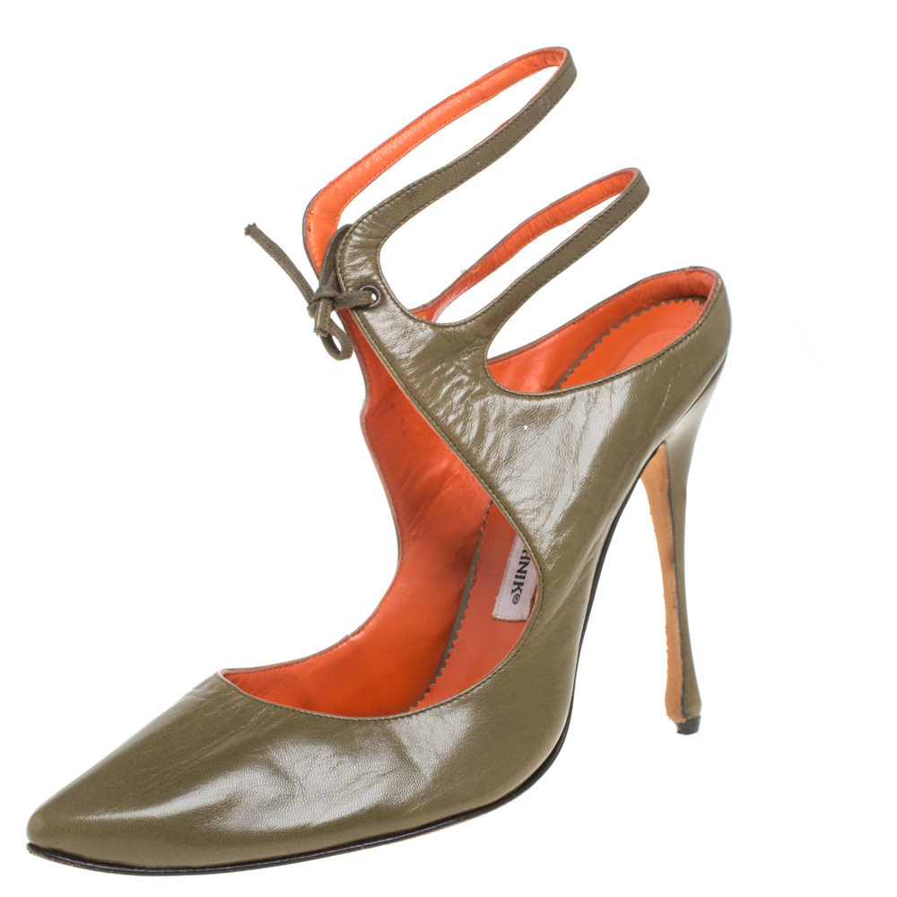 luxury-women-manolo-blahnik-used-shoes-p384800-007 Manolo Blahnik Olive Green Ankle Strap Sandals Size 39.5