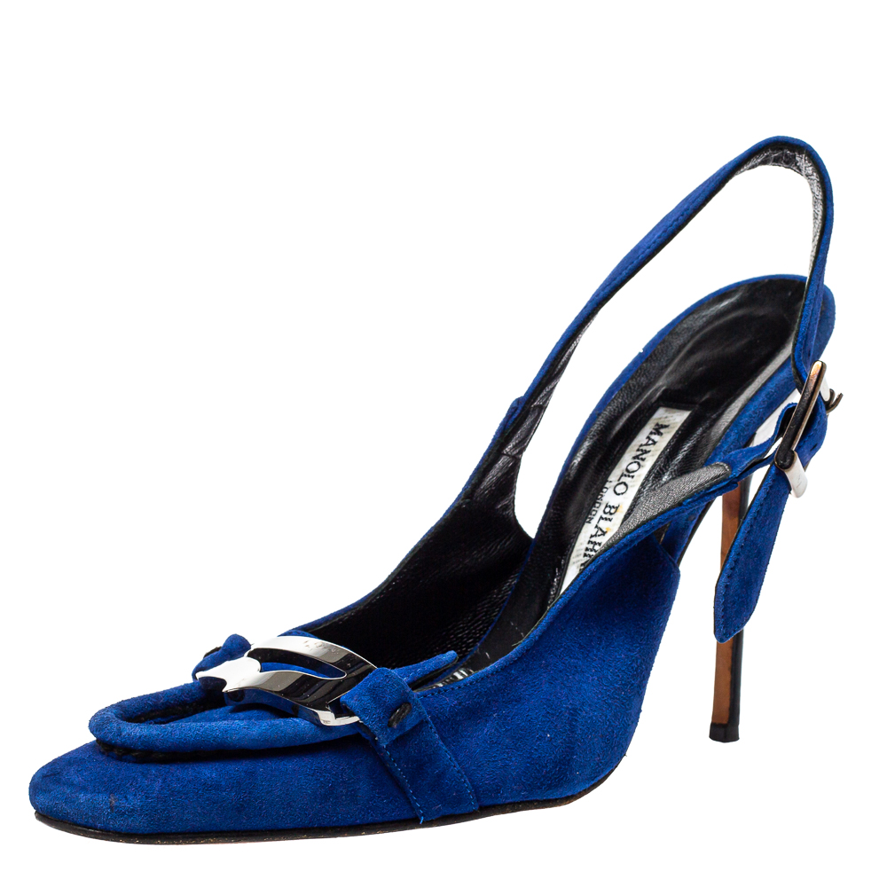 luxury-women-manolo-blahnik-used-shoes-p404644-003 Manolo Blahnik Blue Suede Slingback Sandals Size 39.5