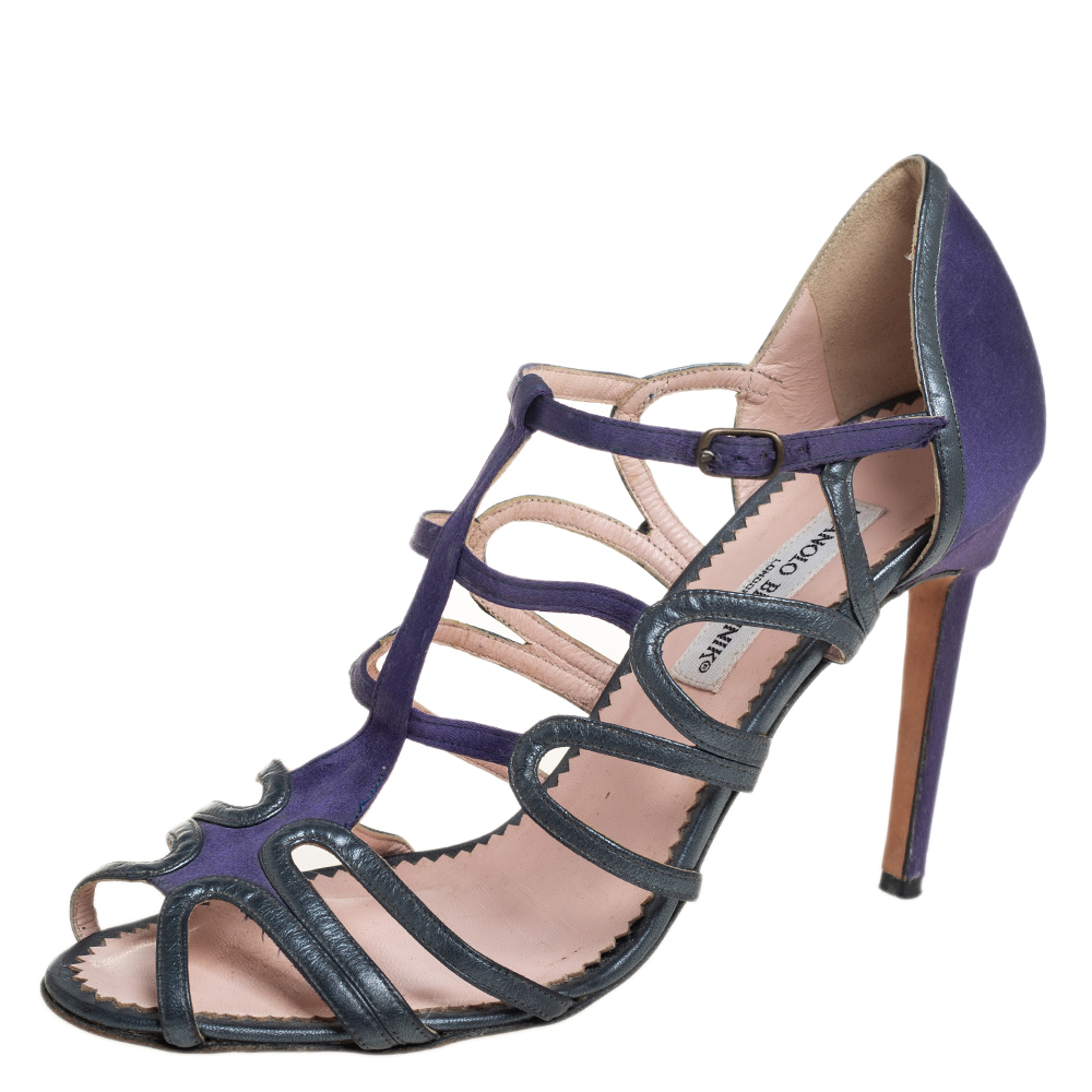 luxury-women-manolo-blahnik-used-shoes-p442386-003 Manolo Blahnik Purple/Grey Leather And Satin Cage Sandals Size 40