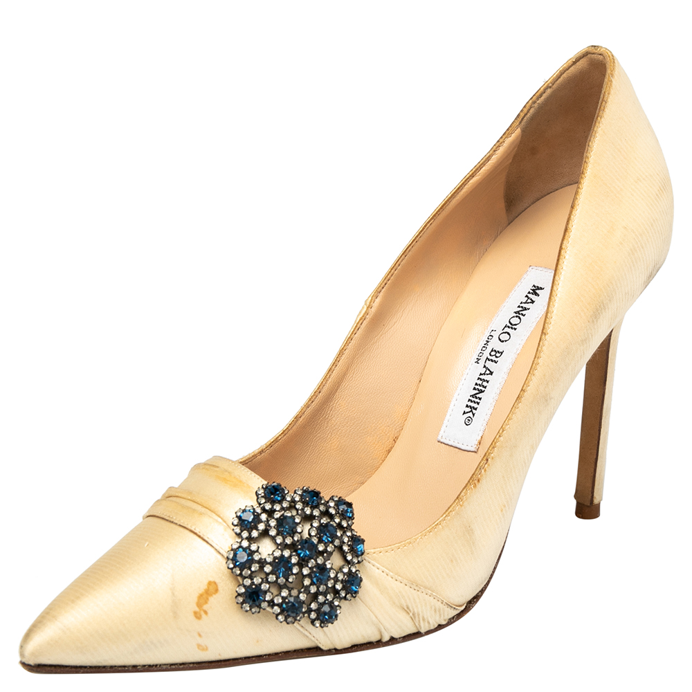 luxury-women-manolo-blahnik-used-shoes-p501287-009 Manolo Blahnik Beige Satin Crystal Embellished Pointed Toe Pumps Size 37