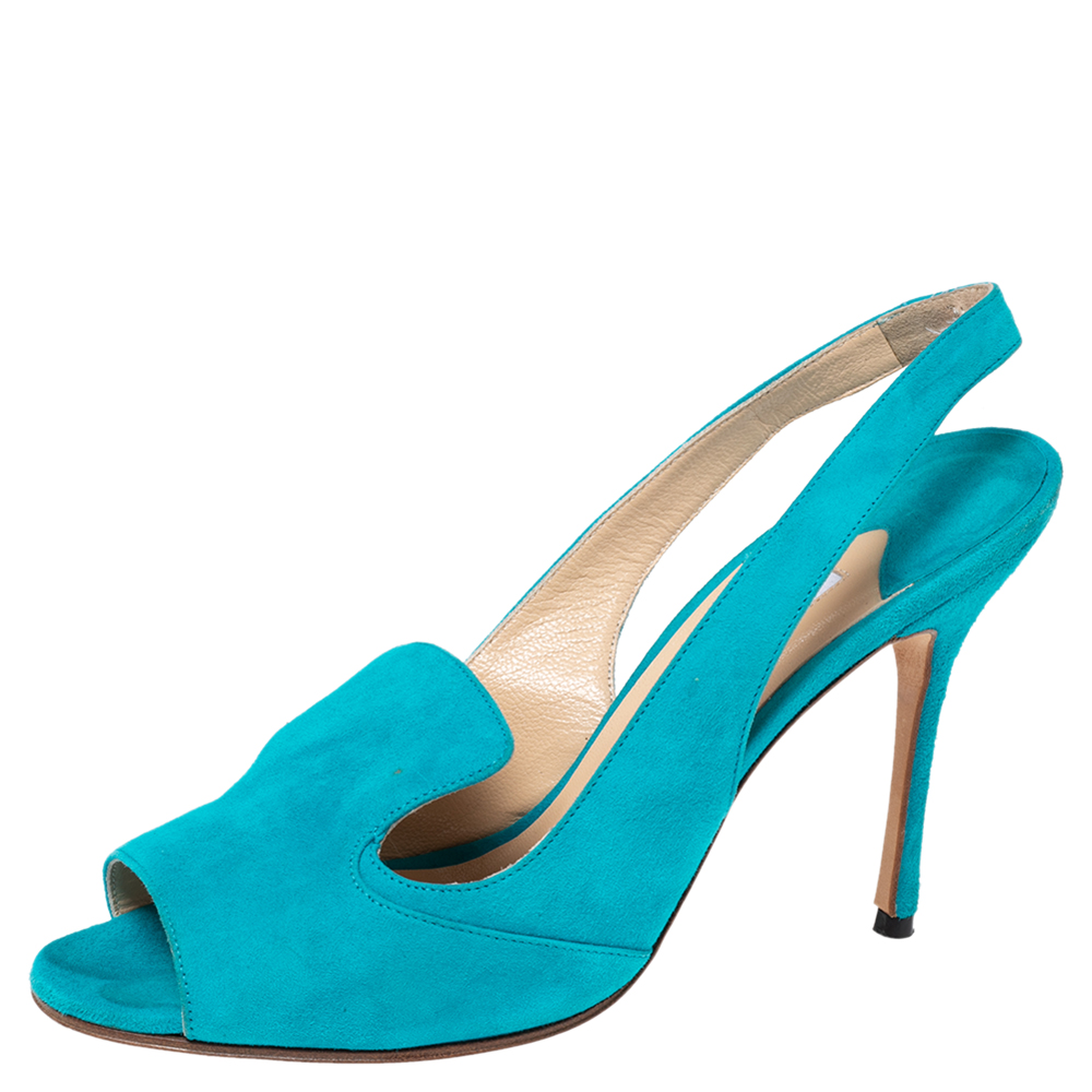 luxury-women-manolo-blahnik-used-shoes-p606917-002-2 Manolo Blahnik Aqua Blue Suede Slingback Peep-Toe Sandals Size 37