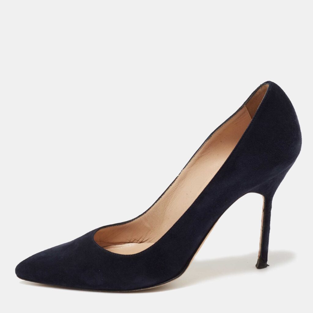luxury-women-manolo-blahnik-used-shoes-p646715-004 Manolo Blahnik Navy Blue Suede BB Pointed Toe Pumps Size 35.5