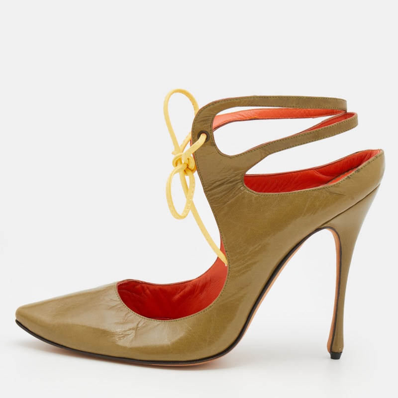 luxury-women-manolo-blahnik-used-shoes-p720184-1665632621-002 Manolo Blahnik Olive Green Leather Cut Out Lace Up Pumps Size 41