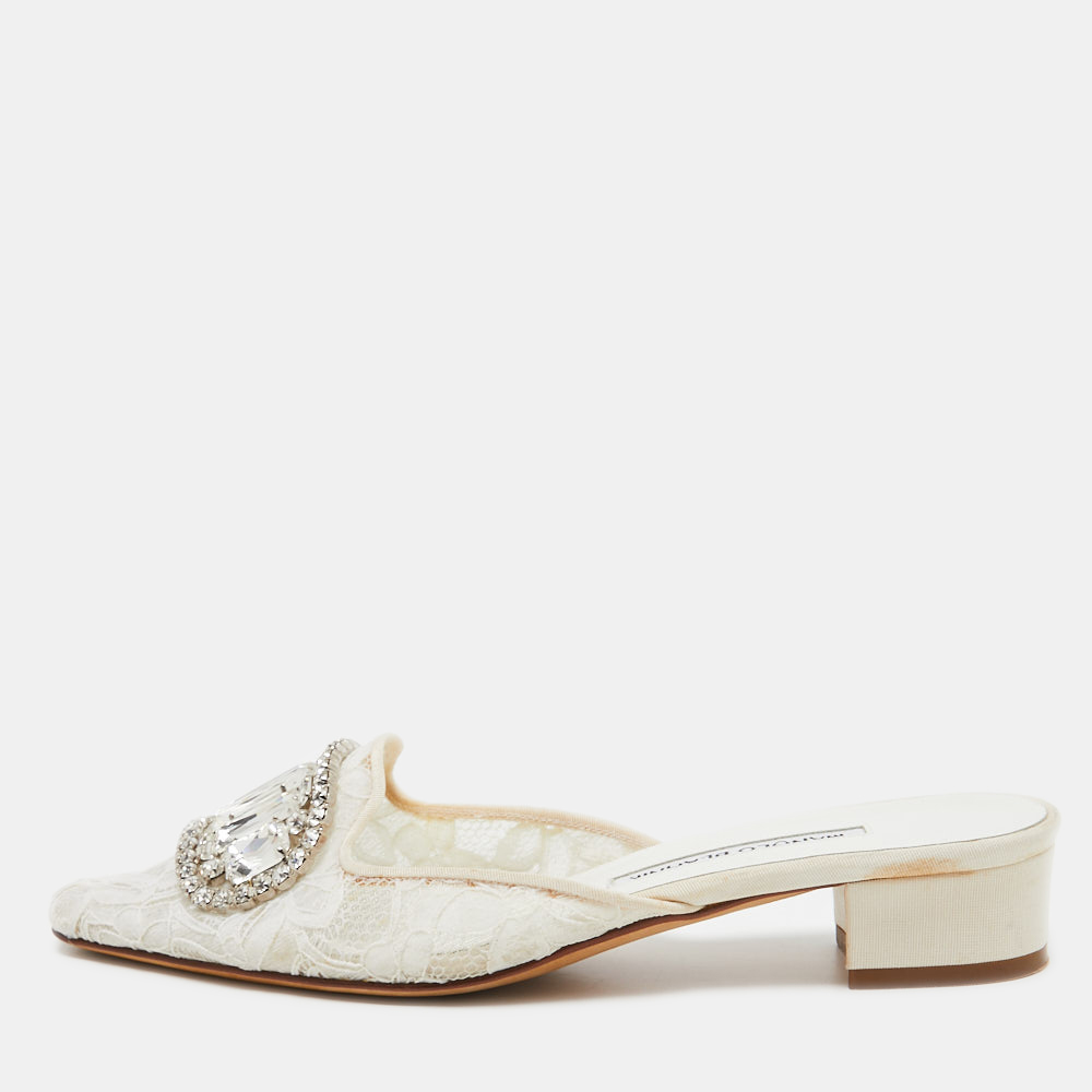 luxury-women-manolo-blahnik-used-shoes-p766549-001 Manolo Blahnik White Lace Crystal Embellished Block Heel Pumps Size 37