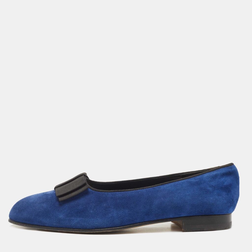 luxury-women-manolo-blahnik-used-shoes-p813163-004 Manolo Blahnik Blue Suede Leather Toro Opera Bow Slip On Loafers Size 41.5