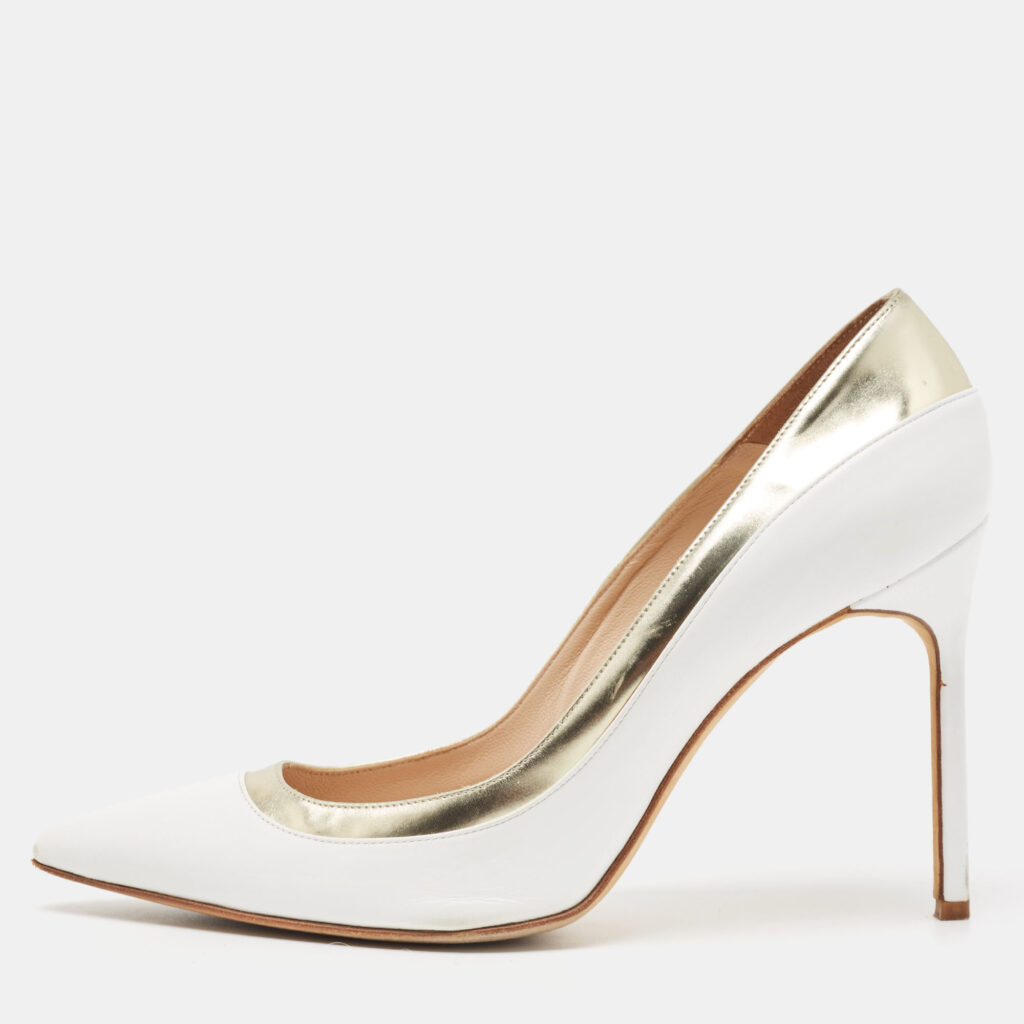 luxury-women-manolo-blahnik-used-shoes-p918005-010 Manolo Blahnik White/Gold Leather Pointed Toe Pumps Size 40
