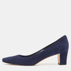 Manolo Blahnik Navy Blue Suede Block Heel Pumps Size 38