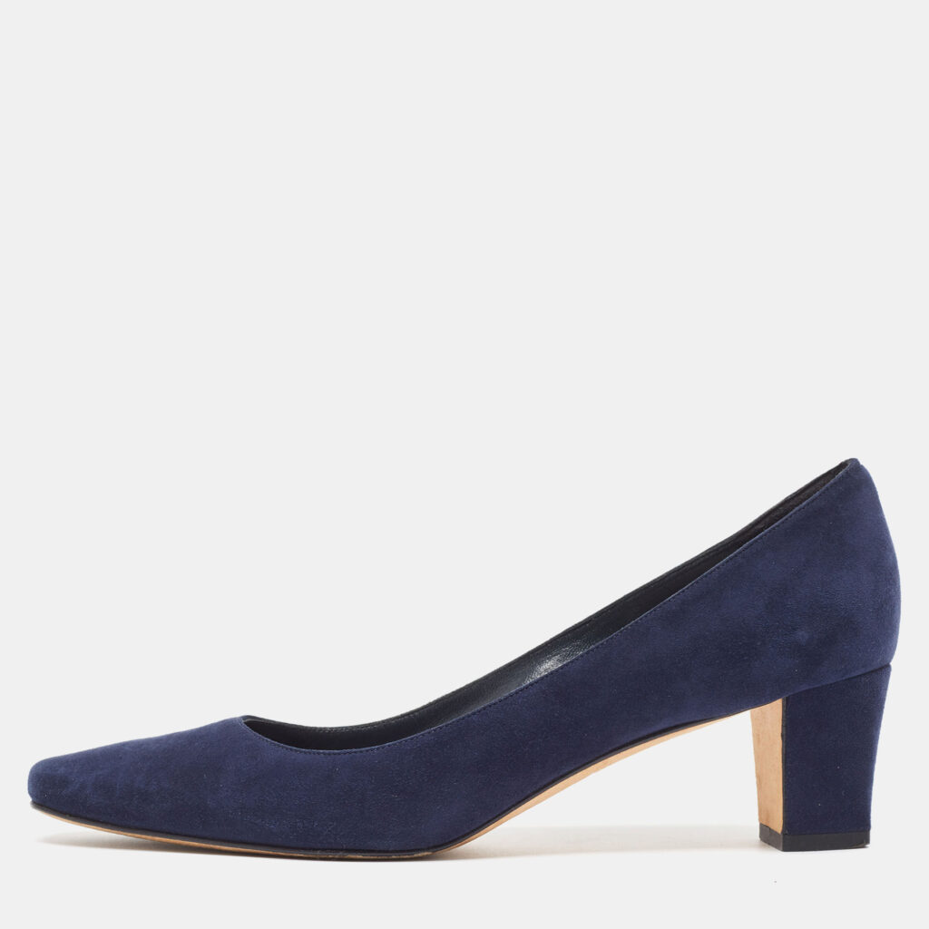 Manolo Blahnik Navy Blue Suede Block Heel Pumps Size 38