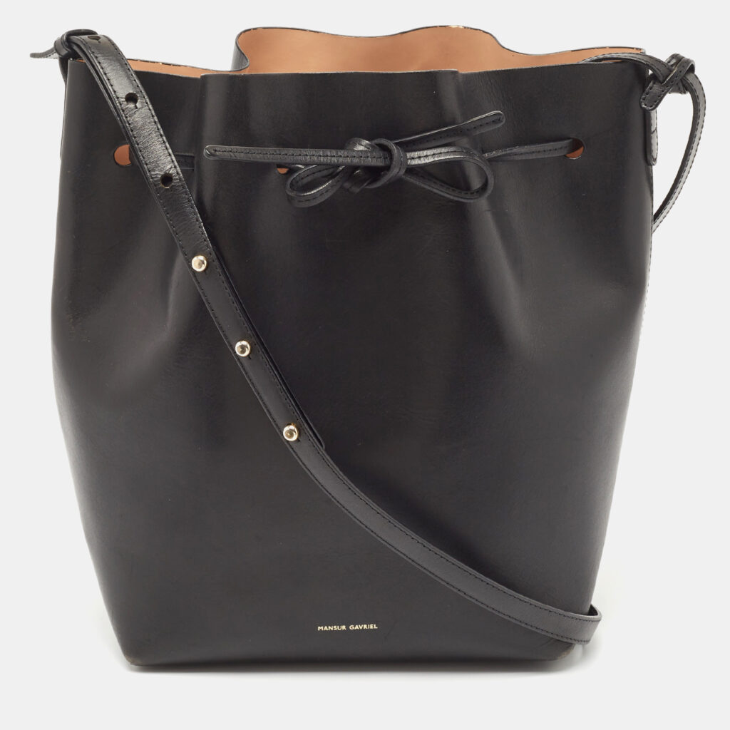 luxury-women-mansur-gavriel-used-handbags-p1141971-008 Mansur Gavriel Black Leather Large Drawstring Bucket Bag