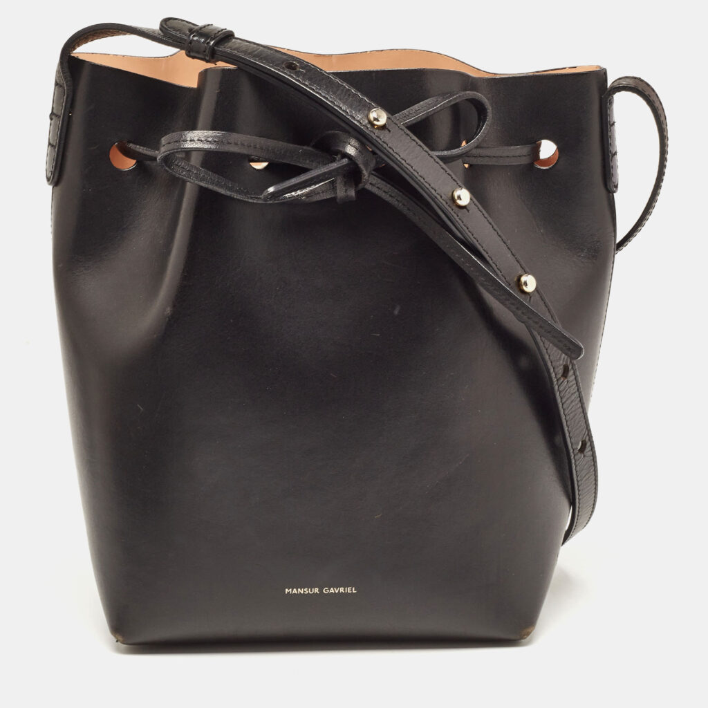 luxury-women-mansur-gavriel-used-handbags-p923465-015 Mansur Gavriel Black Leather Drawstring Bucket Bag
