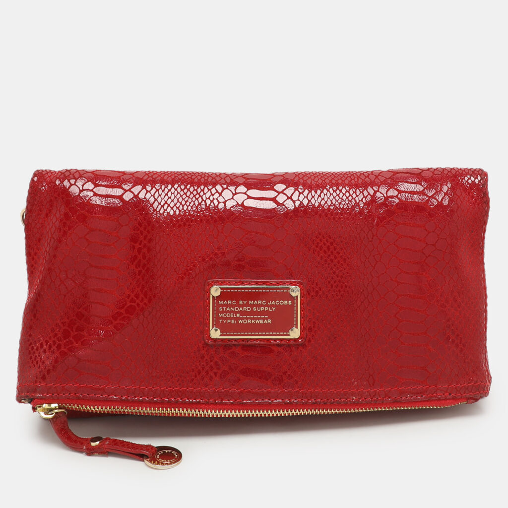 luxury-women-marc-by-marc-jacobs-used-handbags-p1164869-001 Marc by Marc Jacobs Red Python Embossed Leather Too Hot To Party Foldover Clutch