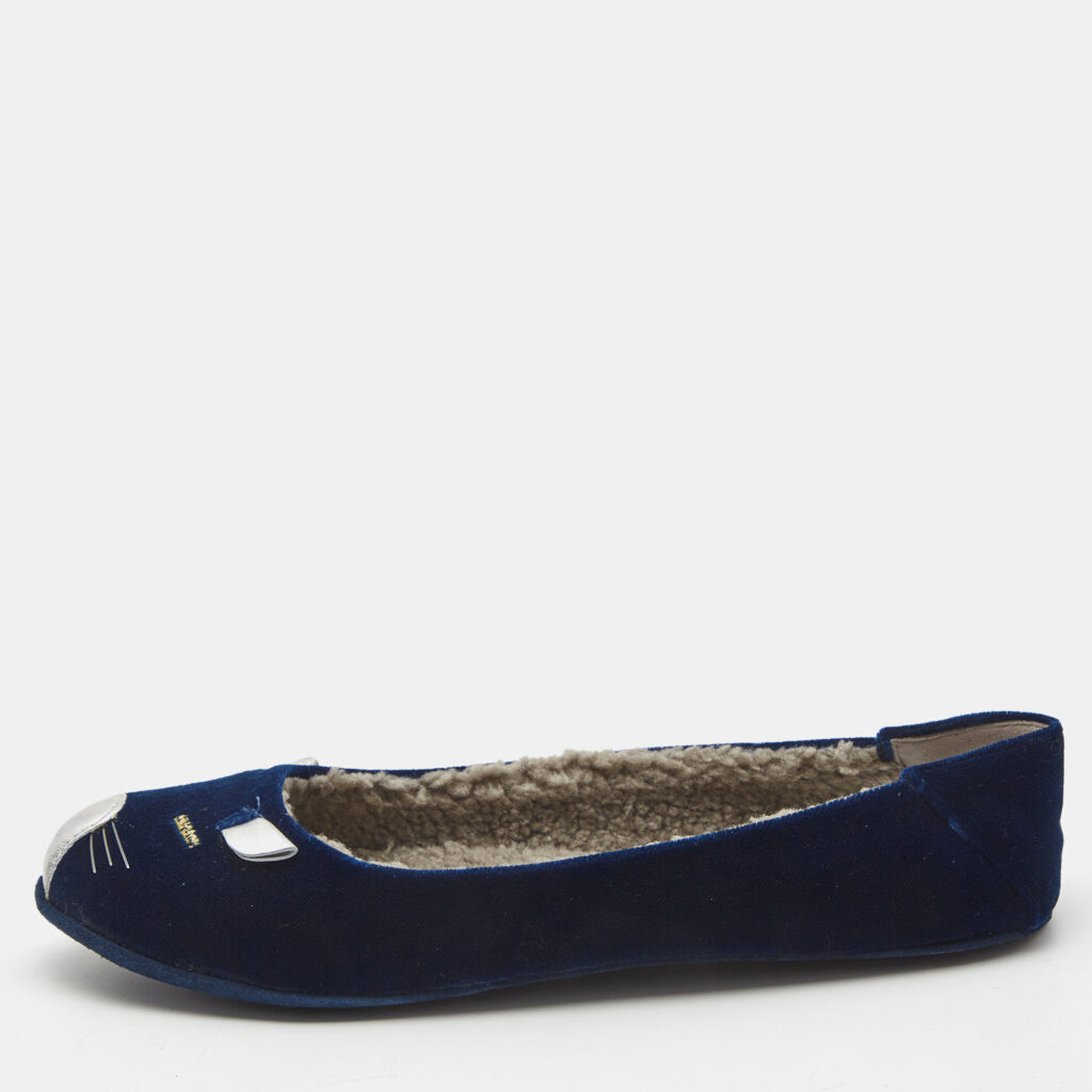 luxury-women-marc-by-marc-jacobs-used-shoes-p771320-010 Marc by Marc Jacobs Navy Blue Velvet and Leather Cat Ballet Flats Size 36.5