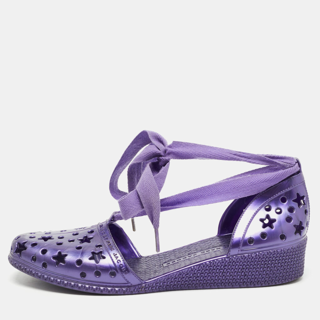luxury-women-marc-by-marc-jacobs-used-shoes-p773441-003 Marc by Marc Jacobs Purple Laser Cut Rubber Ankle Tie Flats Size 37