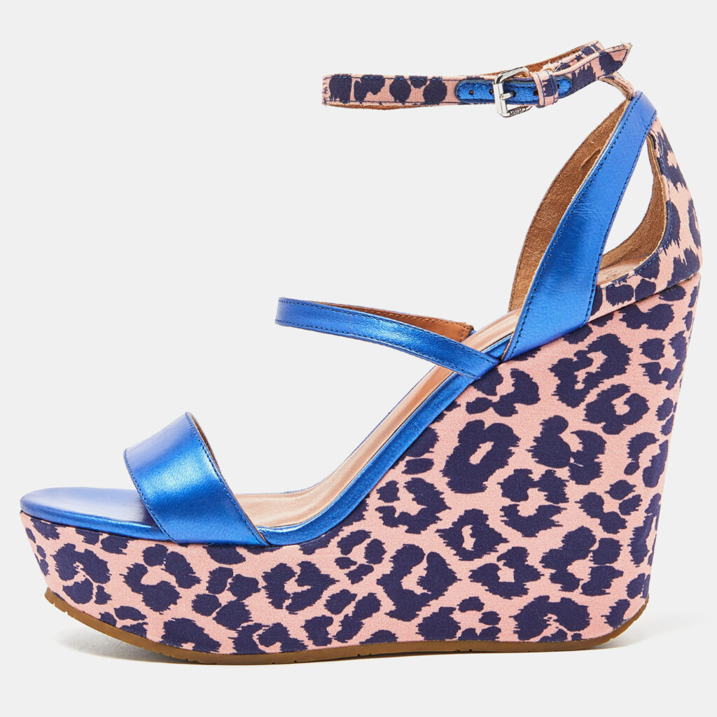 Marc by Marc Jacobs Blue/Pink Leather and Animal Print Fabric Wedge Ankle Strap Sandals Size 38