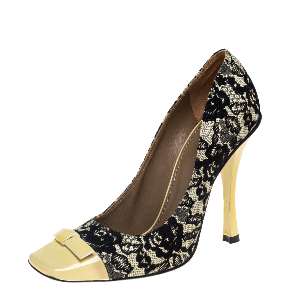 luxury-women-marc-jacobs-used-shoes-p396564-006 Marc Jacobs Yellow/Black Lace And Patent Leather Bow Detail Pumps Size 39