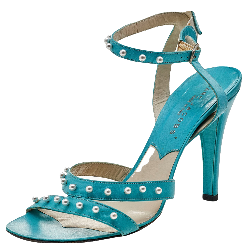 luxury-women-marc-jacobs-used-shoes-p596564-007-1 Marc Jacobs Blue Leather Embellished Ankle Strap Sandals Size 38