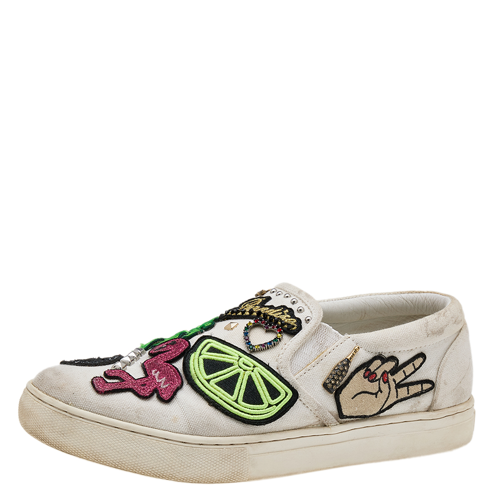 luxury-women-marc-jacobs-used-shoes-p608890-005-1 Marc Jacobs White Canvas Patches And Embellished Mercer Slip On Sneakers Size 38