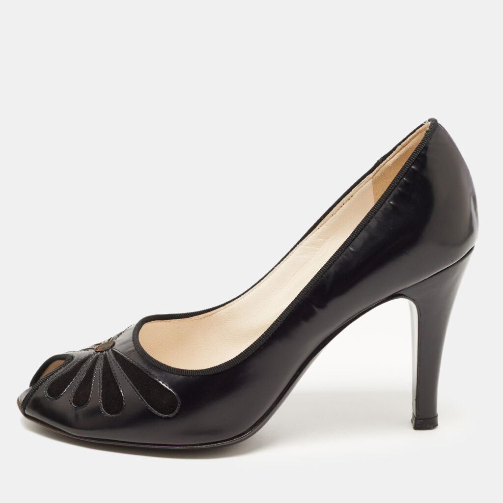 luxury-women-marc-jacobs-used-shoes-p816598-003 Marc Jacobs Black Leather and Suede Peep Toe Pumps Size 36.5
