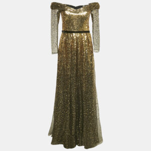 Marchesa Notte Black/Gold Sequin Embellished Tulle Off Shoulder Gown S