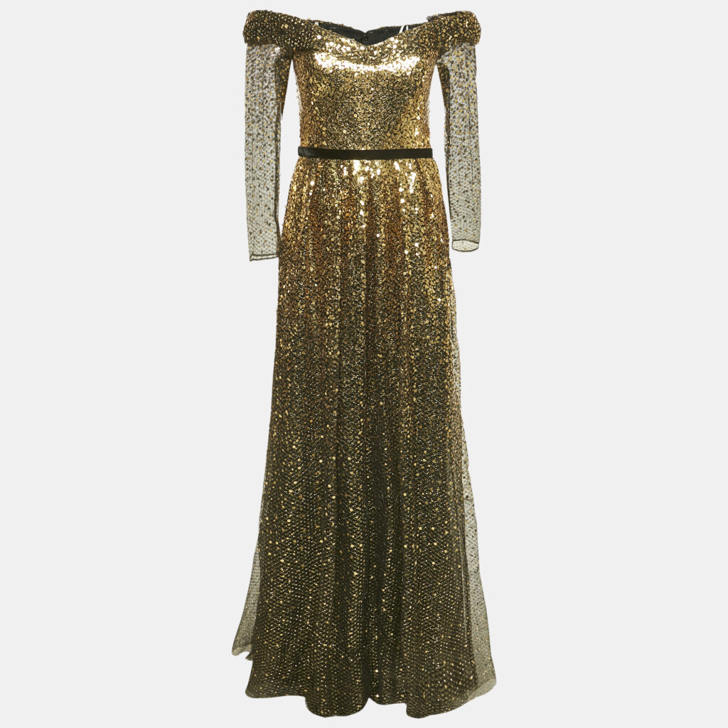 luxury-women-marchesa-notte-new-clothes-p1148951-006 Marchesa Notte Black/Gold Sequin Embellished Tulle Off Shoulder Gown S