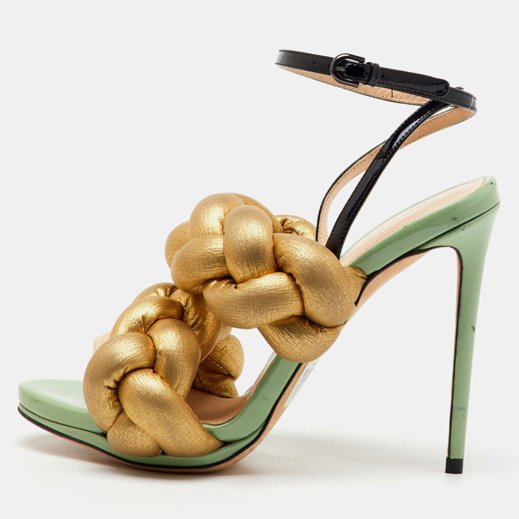 luxury-women-marco-de-vincenzo-used-shoes-p1138953-008 Marco de vincenzo Gold/Black Metallic Leather and Patent Leather Ankle Strap Sandals Size 39.5