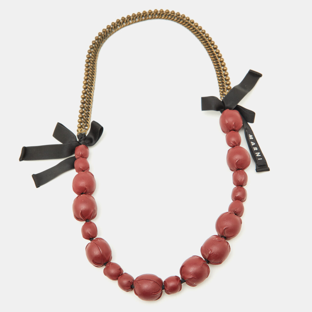 luxury-women-marni-used-accessories-p991155-002 Marni Burgundy Leather & Aged Gold Tone Chain Statement Necklace