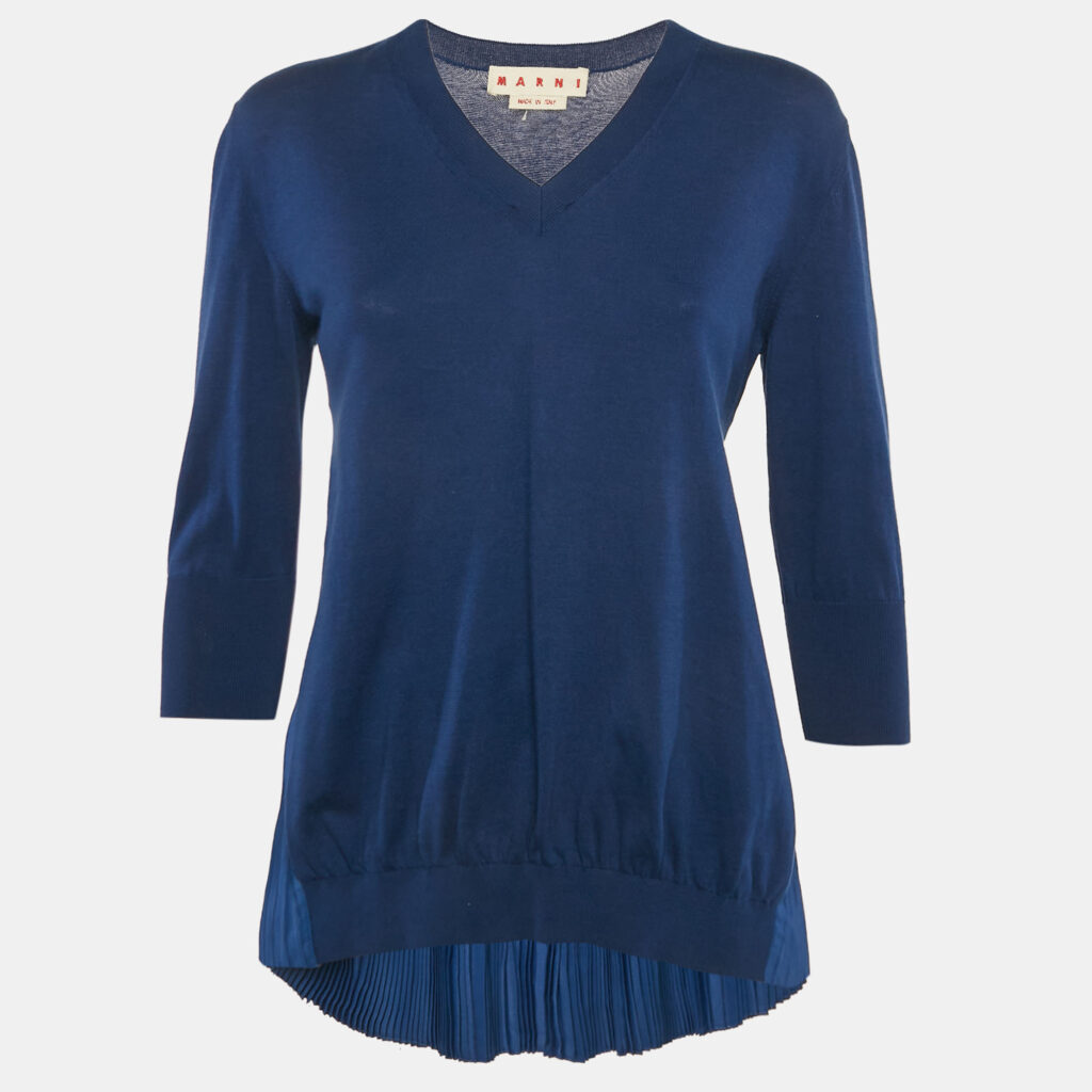 luxury-women-marni-used-clothes-p1102890-007 Marni Royal Blue Cotton Knit and Silk Pleated Asymmetric Top M
