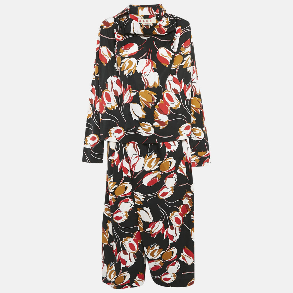 luxury-women-marni-used-clothes-p1122342-001 Marni Black/Red Floral Print Cotton Blouse and Pants Set M