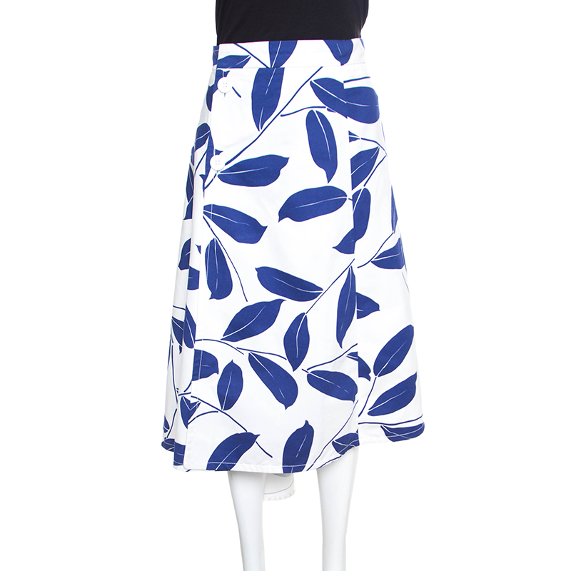 luxury-women-marni-used-clothes-p155524-0001 Marni White and Blue Leaf Print Cotton and Linen Drill Wrap Skirt M