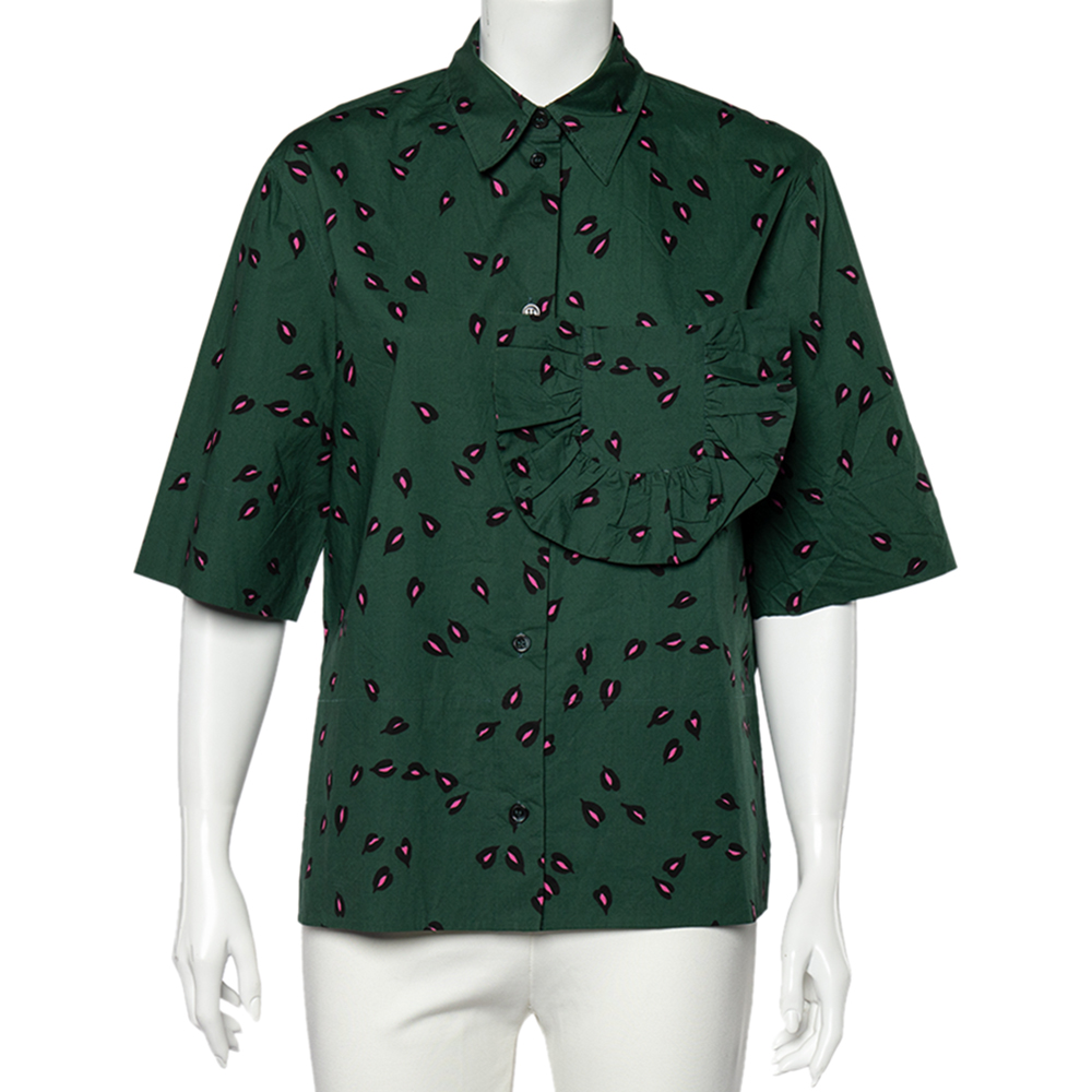 luxury-women-marni-used-clothes-p515377-006-1 Marni Green Printed Ruffled Trim Pocket Detailed Button Front Shirt S