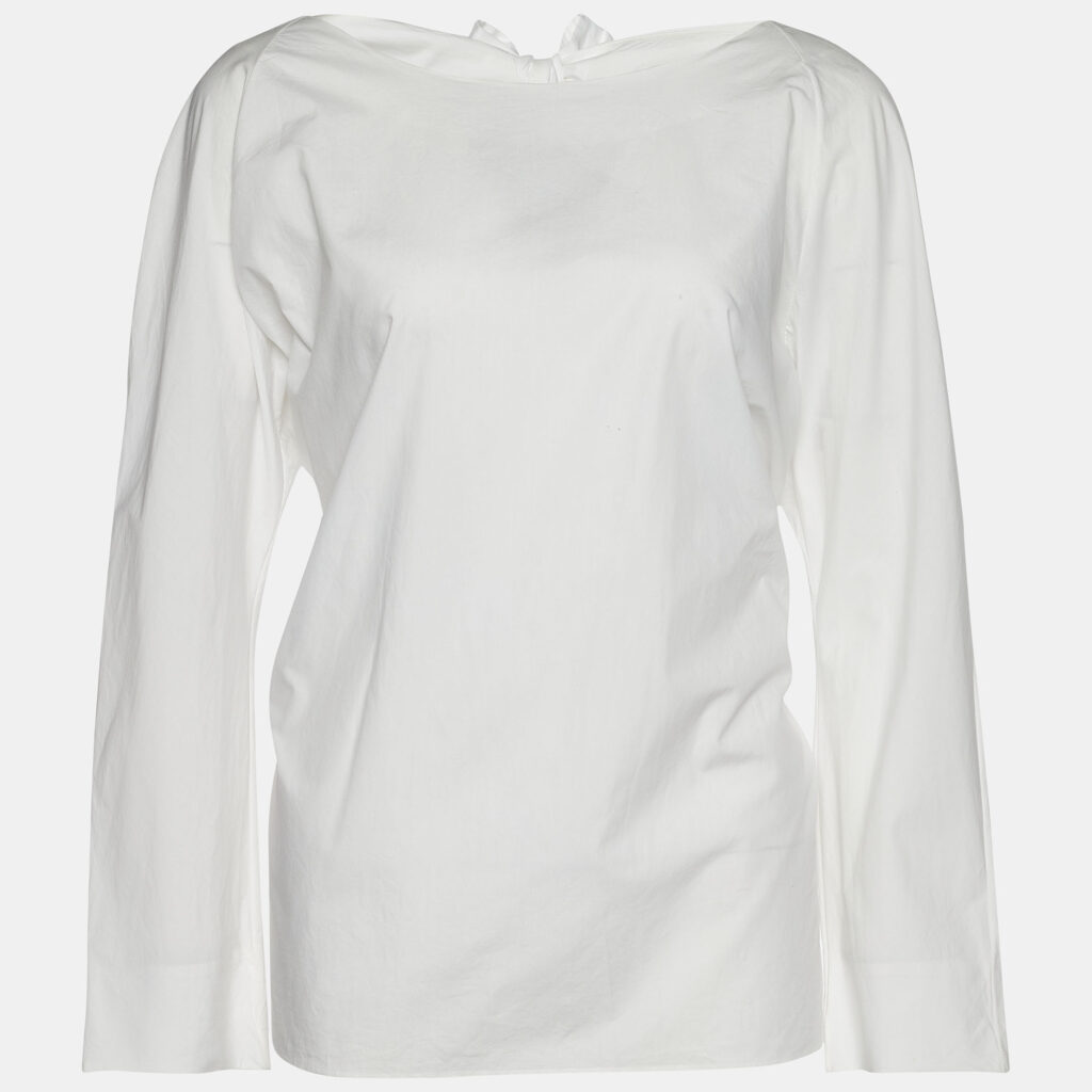 luxury-women-marni-used-clothes-p639977-001-2 Marni White Cotton Tie Detail Round Neck Long Sleeve Blouse L