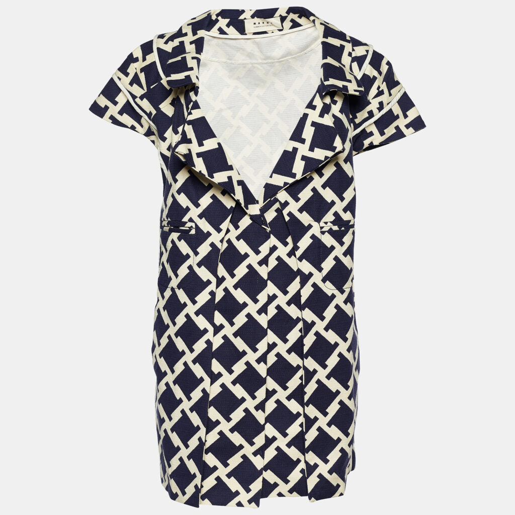luxury-women-marni-used-clothes-p686397-001-1 Marni Blue Houndstooth Print Cotton Short Sleeve Coat M