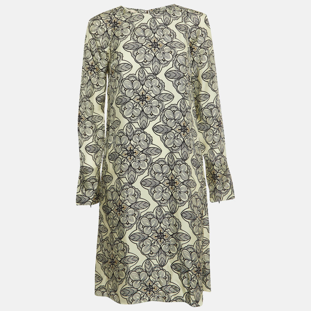 luxury-women-marni-used-clothes-p934054-001 Marni Cream Floral Print Silk Long Sleeve A-Line Dress M