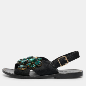 Marni Black Calf Hair Embellished Flat Slingback Sandals Size 37