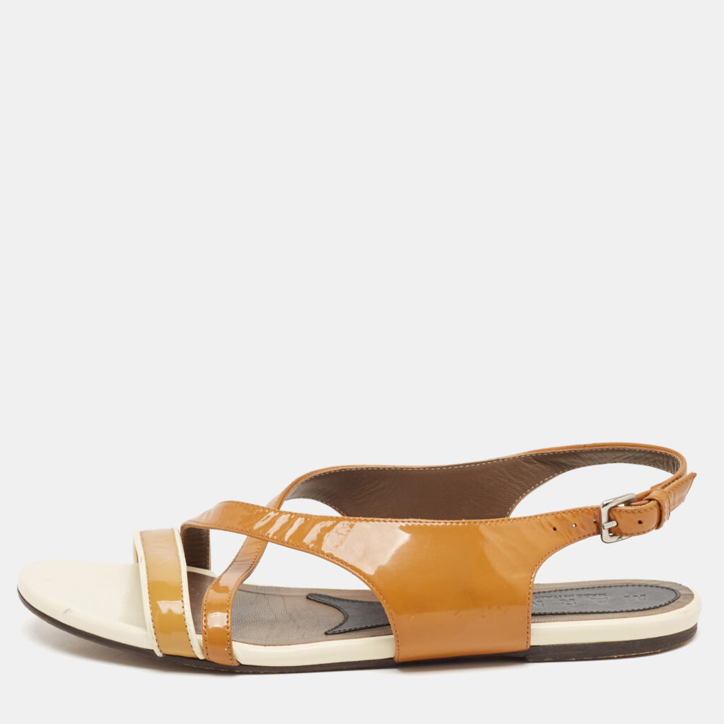 luxury-women-marni-used-shoes-p1102369-001 Marni Brown/Cream Patent Leather Slingback Flat Sandals Size 38