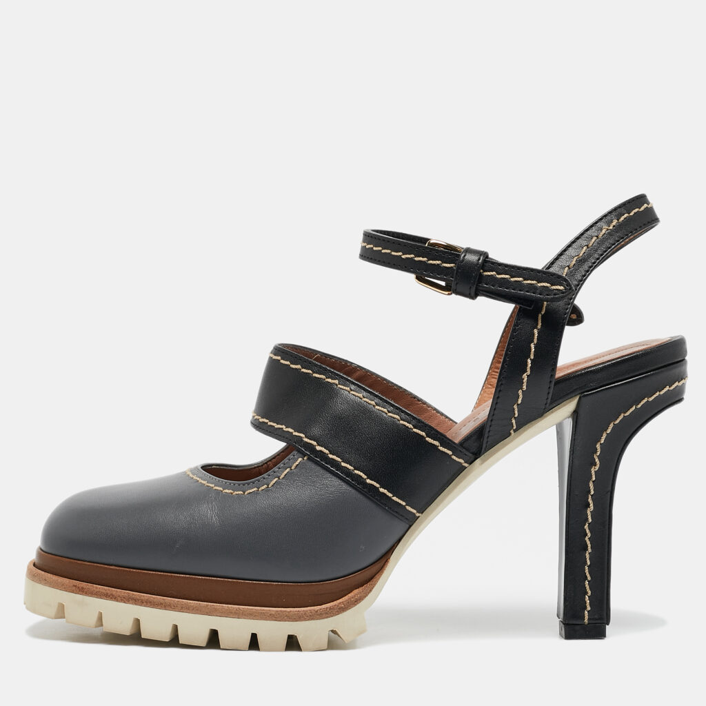 Marni Grey/Black Leather Mary Jane Ankle Strap Pumps Size 38