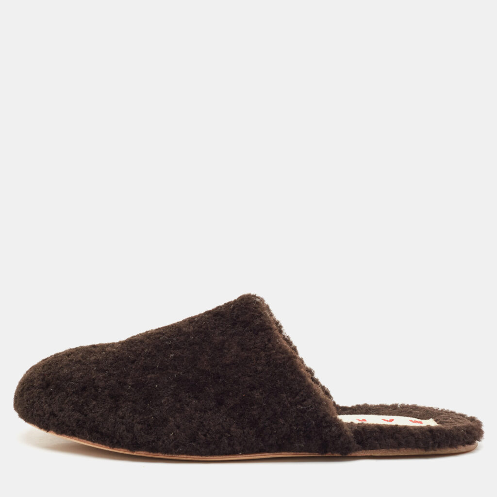 luxury-women-marni-used-shoes-p1118180-001 Marni Dark Brown Shearling Fur Flat Mules Size 38
