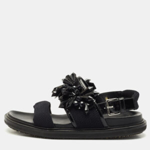 Marni Black Fabric and Patent Embellished Flat Slingback Sandals Size 38