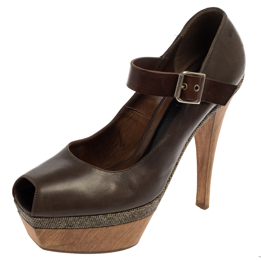luxury-women-marni-used-shoes-p367862-005 Marni Grey Leather Mary Jane Peep Toe Platform Pumps Size 39