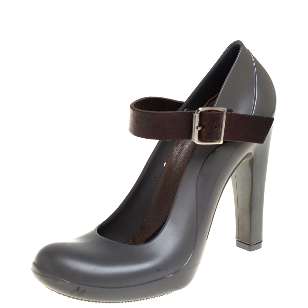 luxury-women-marni-used-shoes-p446079-006 Marni Grey Rubber And Brown Leather Mary Jane Pumps Size 37