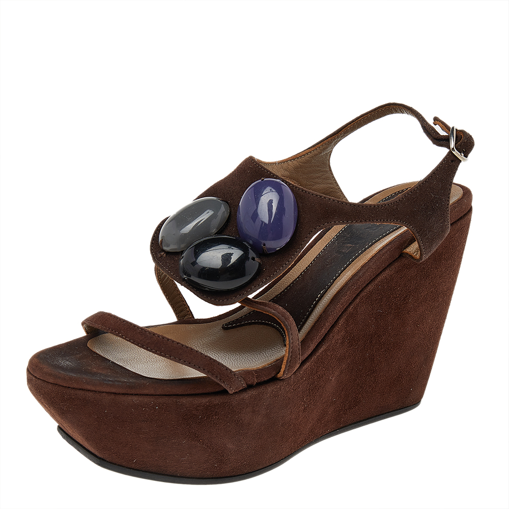 luxury-women-marni-used-shoes-p492191-006 Marni Brown Suede Embellished Wedge Platform Ankle Strap Sandals Size 36