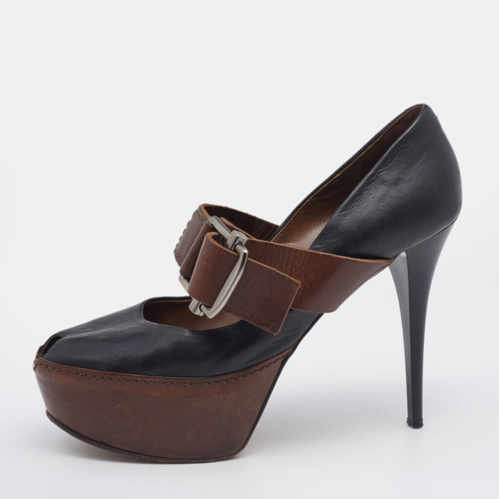luxury-women-marni-used-shoes-p669182-007-1 Marni Black/Brown Leather Mary Jane Peep Toe Platform Pumps Size 40